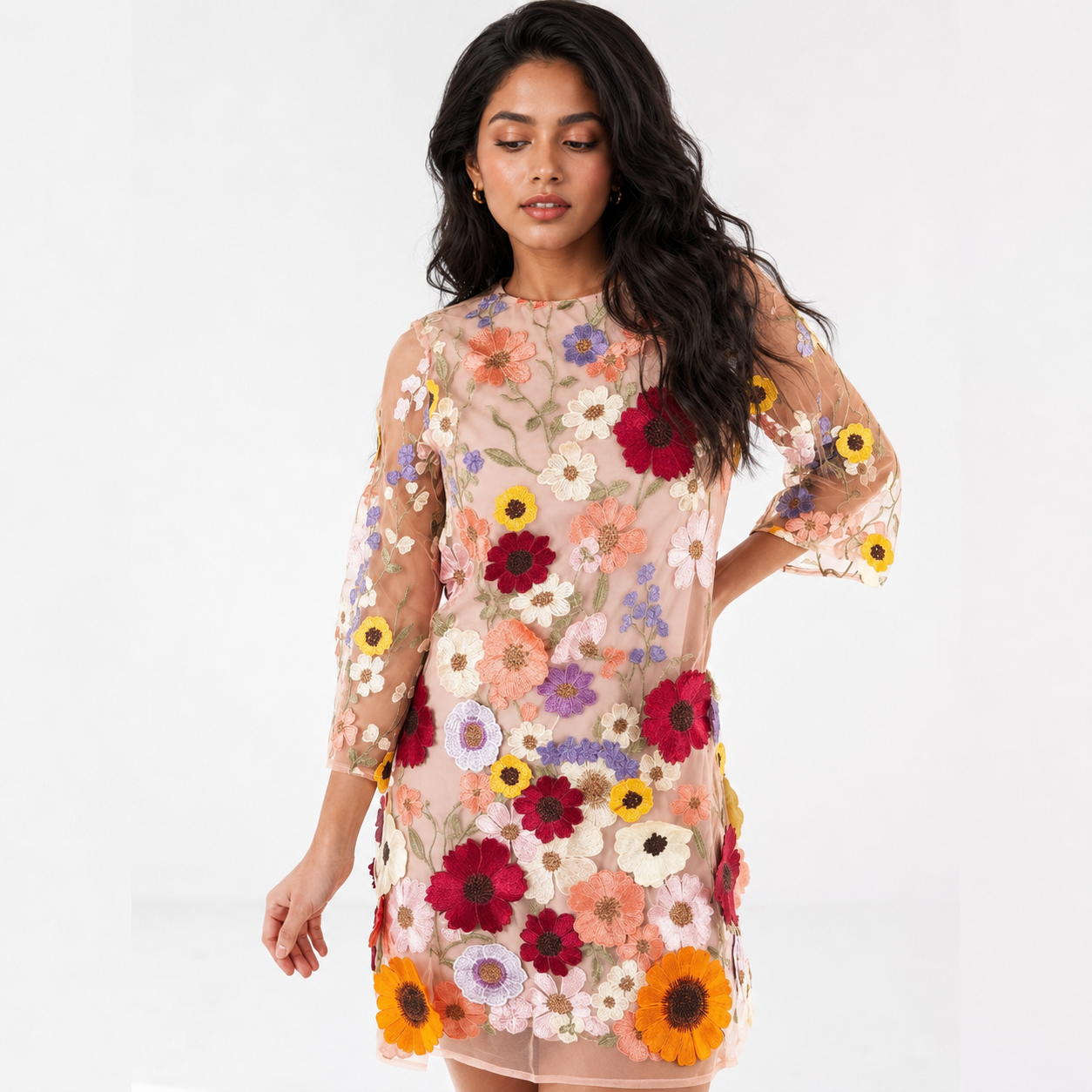 Women's mini sundresses with sheer floral embroidery