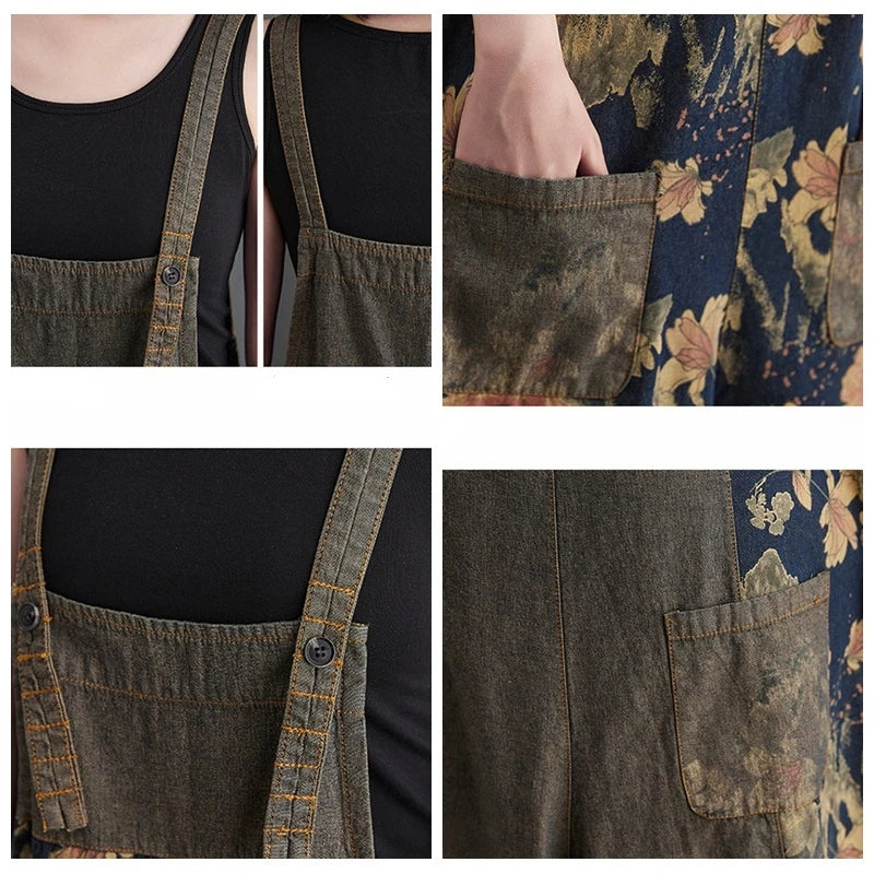 Floral denim overalls for women wide leg suspender pants