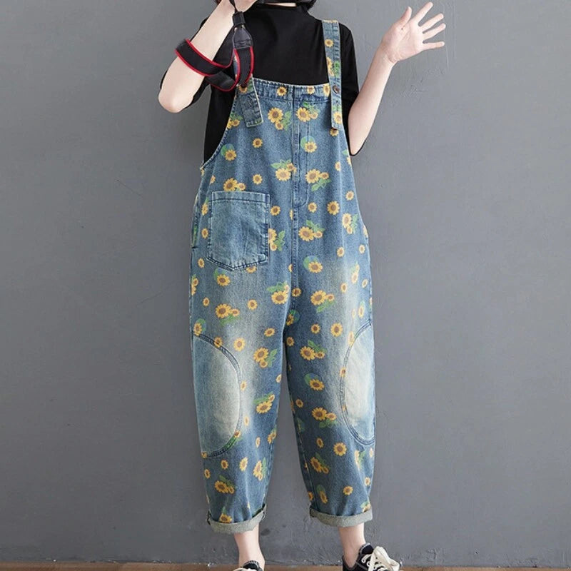 Womens denim jumpsuit with sunflower print overalls