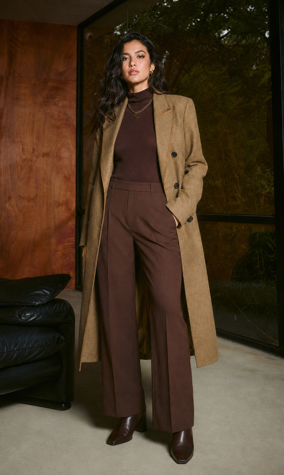Womens wool jacket with suit collar, lapel trim and long wool body