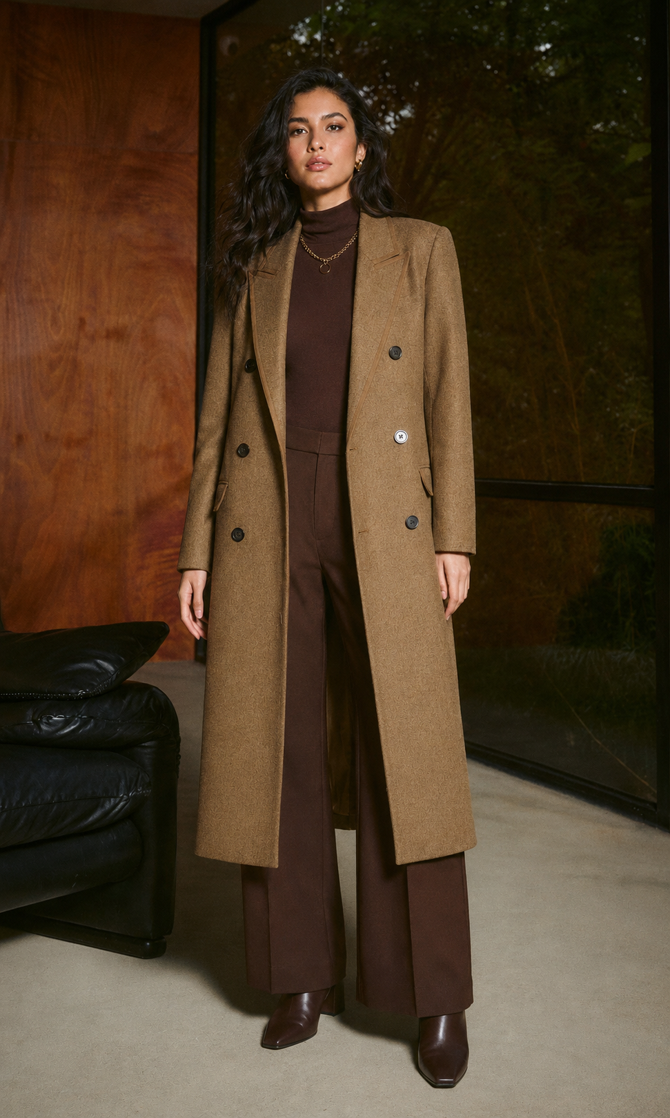 Wool trench coat women with double breasted buttons and soft herringbone texture
