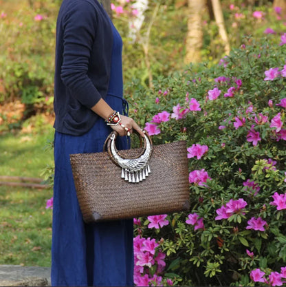 Rattan Beach Handbag with Silver Peacock Handle