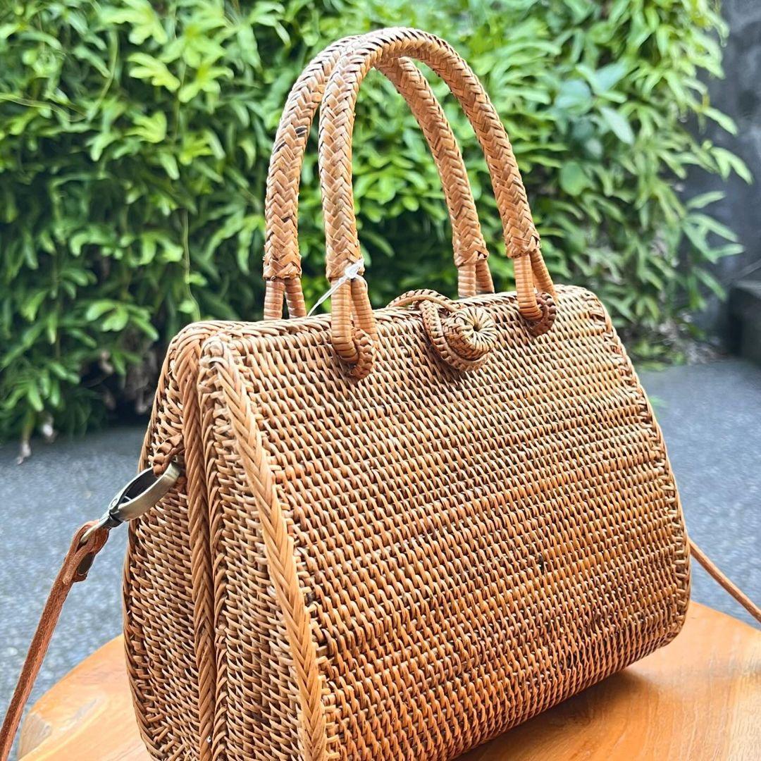 Handwoven Rattan Handbag with Top Handles Handle