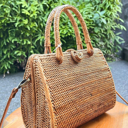 Handwoven Rattan Handbag with Top Handles Handle