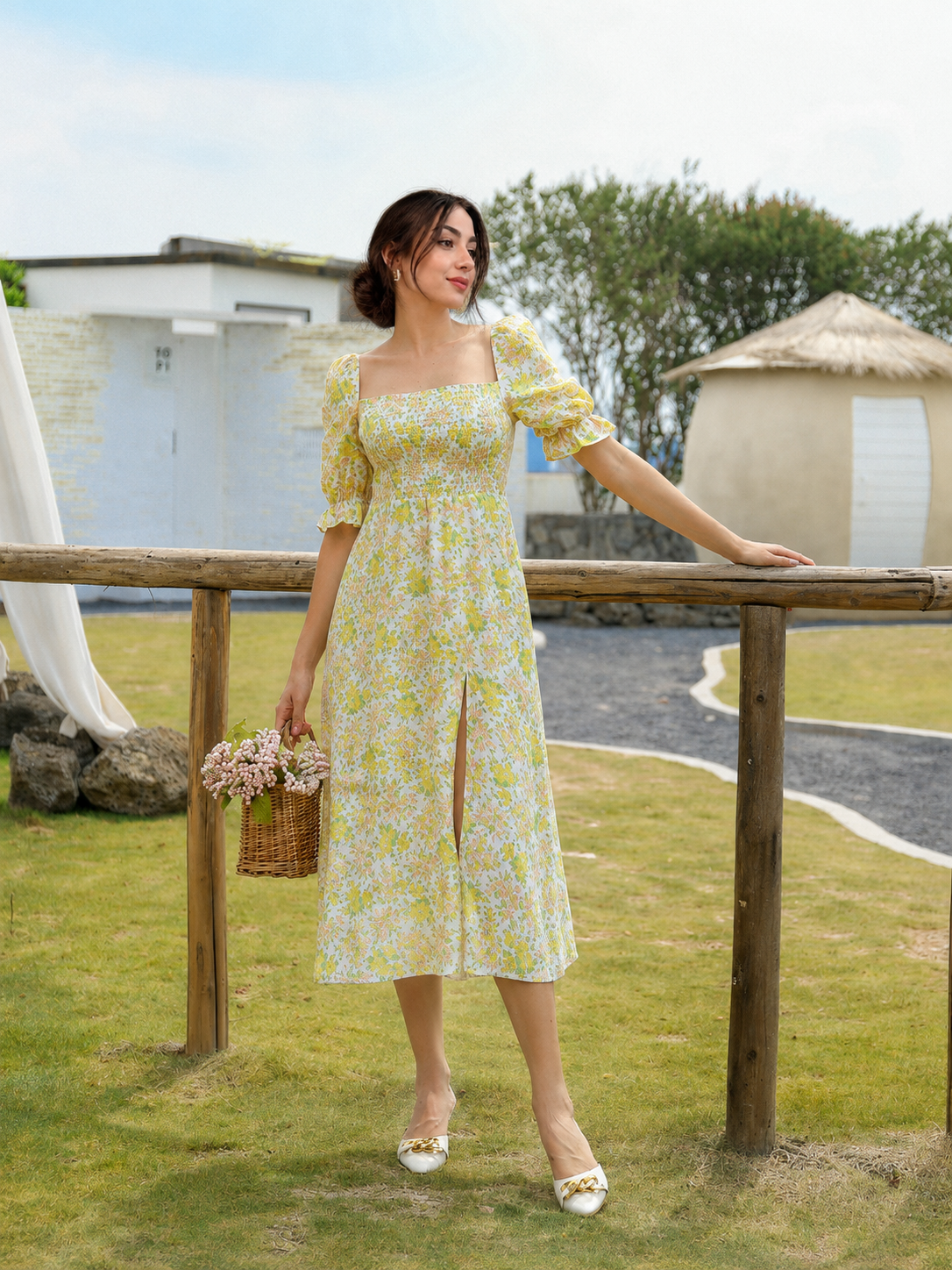 Yellow Floral Square-Neck Smocked Puff-Sleeve Midi Dress with Front Slit