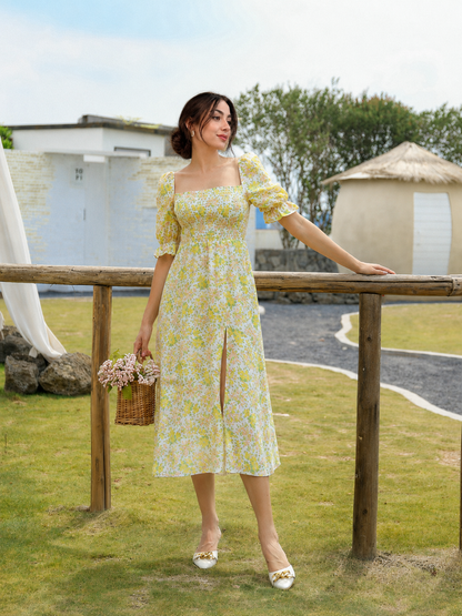 Yellow Floral Square-Neck Smocked Puff-Sleeve Midi Dress with Front Slit