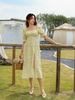Yellow Floral Square-Neck Smocked Puff-Sleeve Midi Dress with Front Slit
