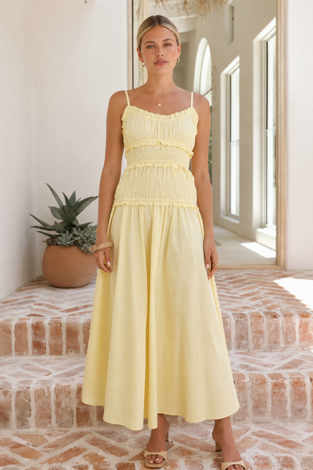 Smocked Spaghetti Strap Ruffle Trim Beach Maxi Dress