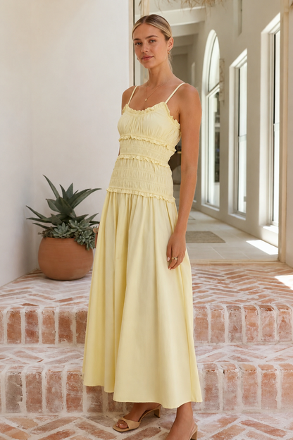 Smocked Spaghetti Strap Ruffle Trim Beach Maxi Dress