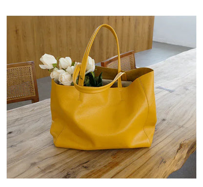Large Leather Tote Bag for Women in Mustard Yellow with Pouch