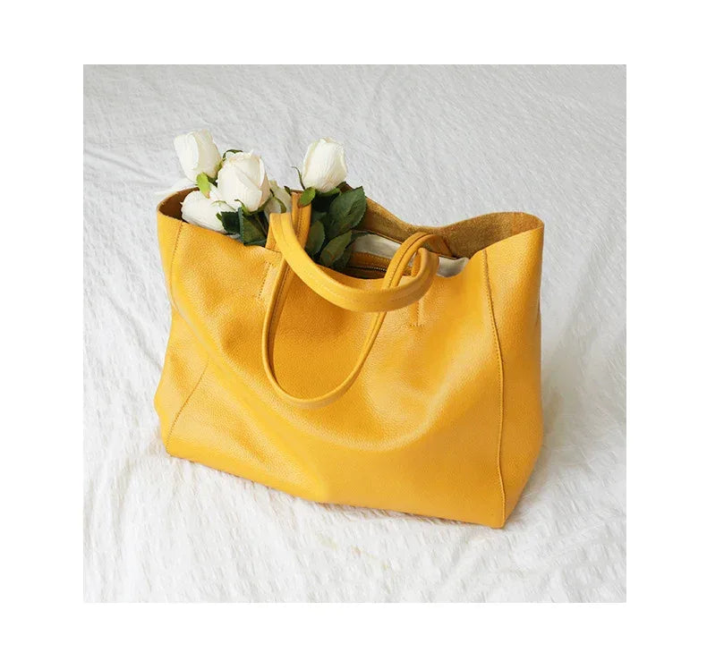 Large Leather Tote Bag for Women in Mustard Yellow with Pouch