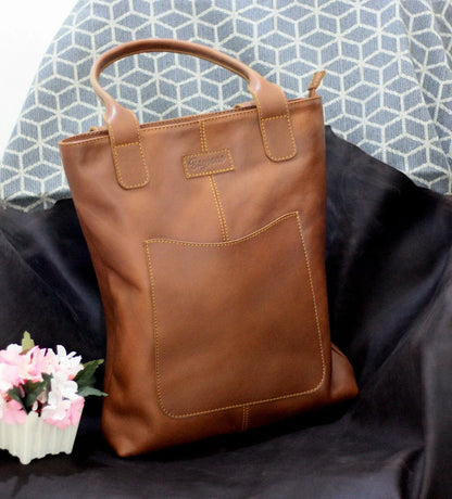 Leather Tote Bag With Outside Pockets for Women Camel