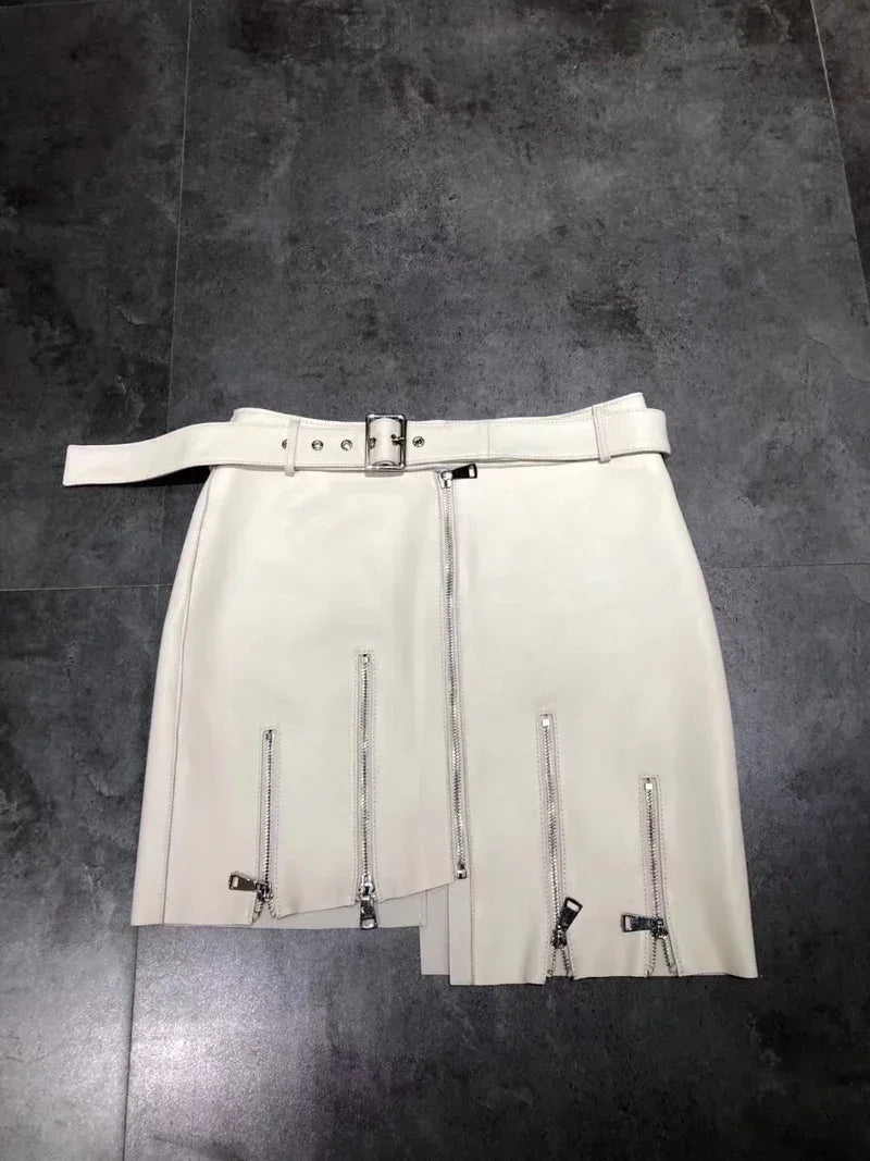 Women’s Asymmetrical Leather Mini Skirt with Zippers 2 S