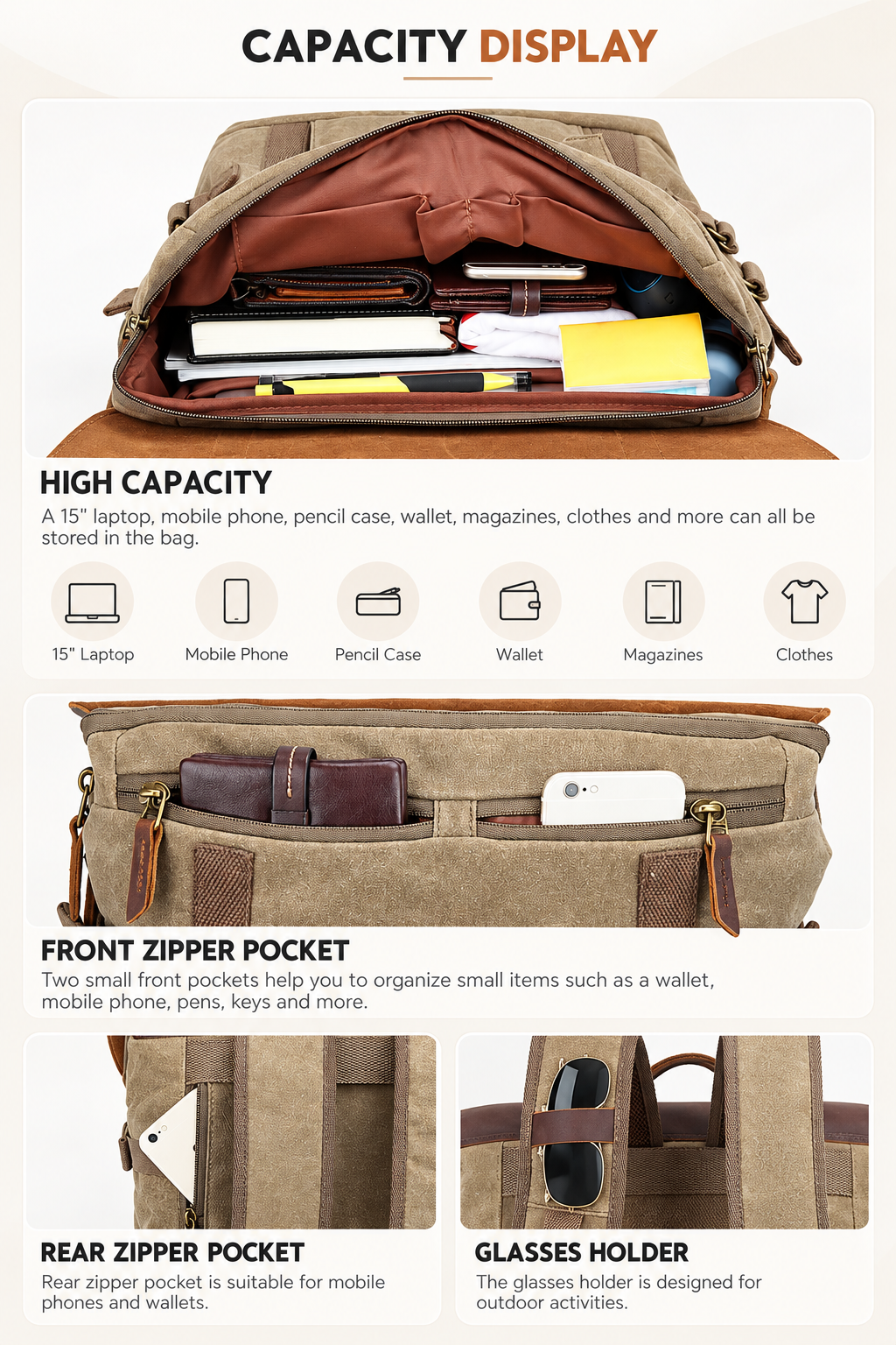Waxed Canvas Leather Backpack with Removable Camera Insert and Dividers