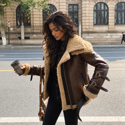 Lambskin Leather Jacket for Women in Brown with Fur Trim