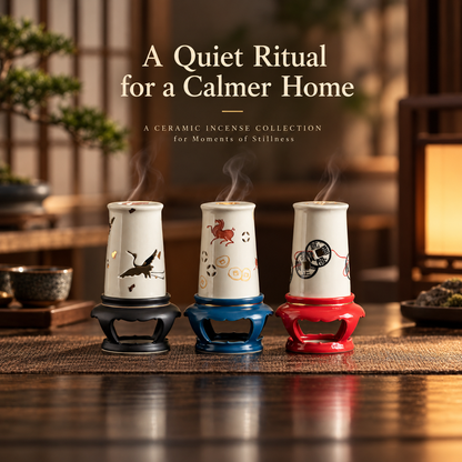 Ceramic Incense Burner with Crane Cutout Lid for Coil Incense