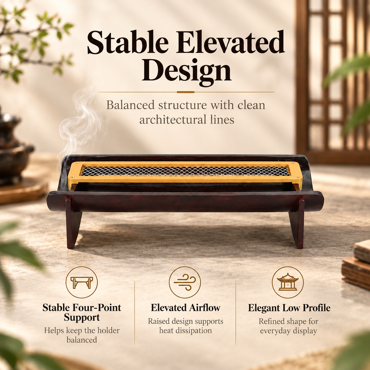 Bamboo Incense Stick Holder with Removable Metal Mesh Ash Tray