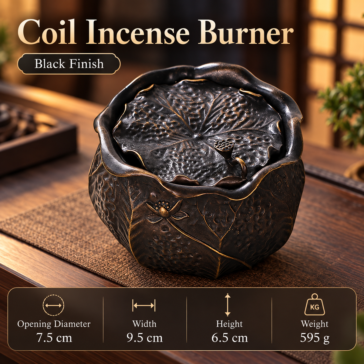 Coil Incense Burner with Brass Body and Removable Floral Lid