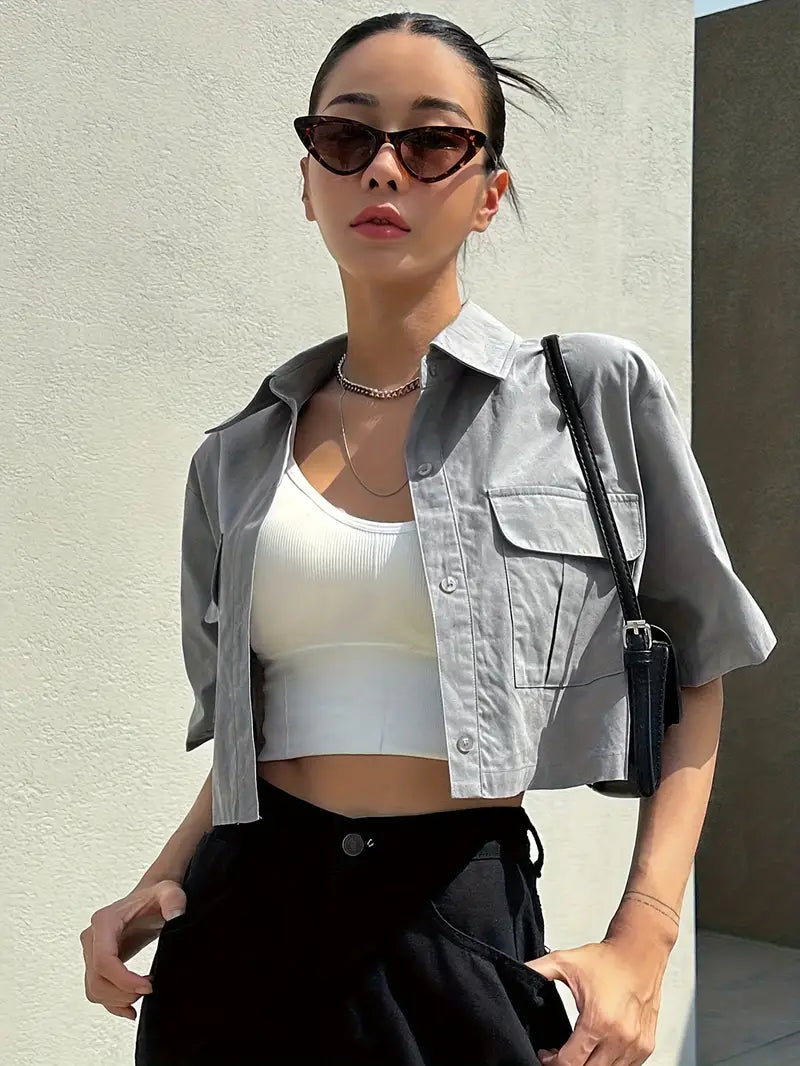 Women Front Pocket Crop Shirts