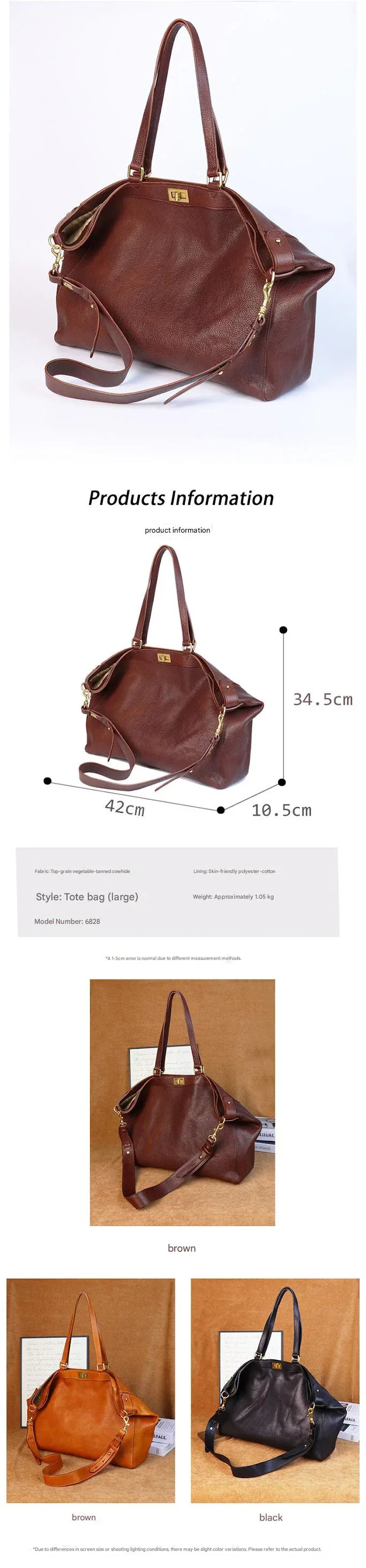 Large leather travel tote bag
