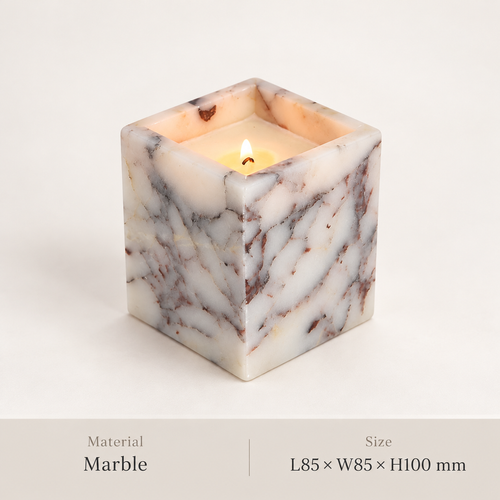Square Marble Candle Holder with Geometric Cube Design and Stone Veining 1