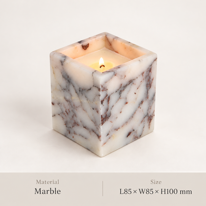 Square Marble Candle Holder with Geometric Cube Design and Stone Veining 1