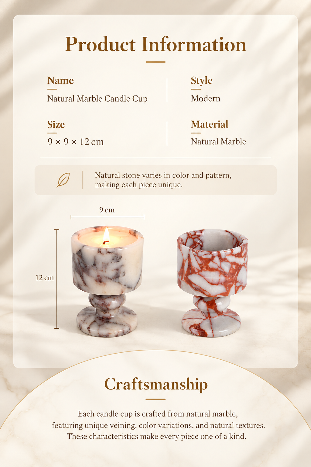 Natural Marble Goblet Candle Holder with Rounded Stem and Red Veining