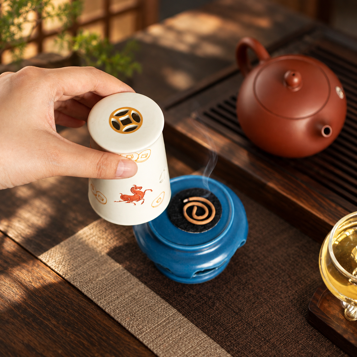 Ceramic Incense Burner with Crane Cutout Lid for Coil Incense