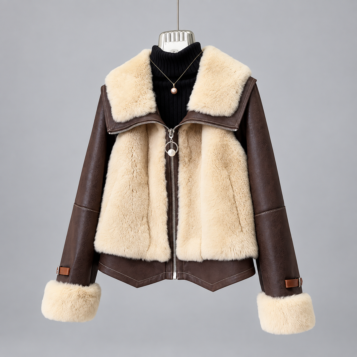 Brown Leather Jacket Women Short Winter Fur Collar Style