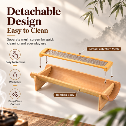 Bamboo Incense Stick Holder with Removable Metal Mesh Ash Tray