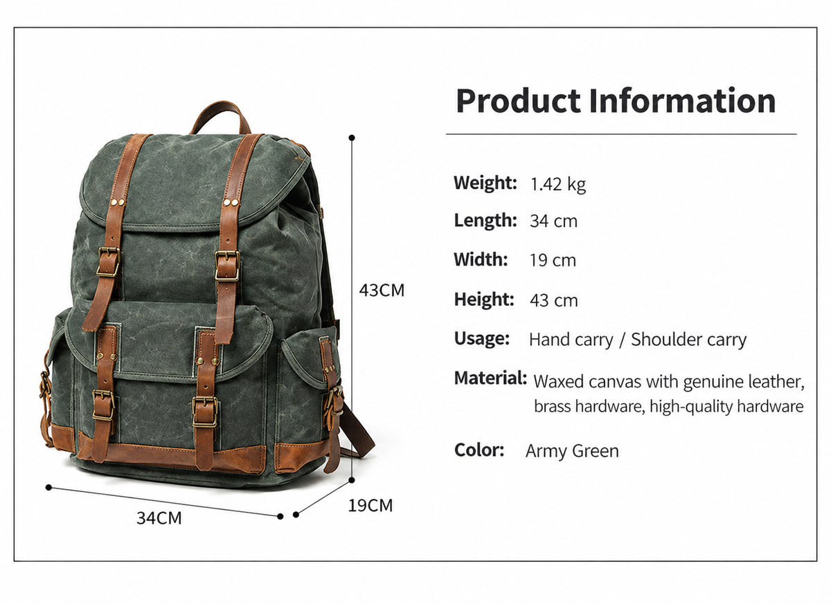 Waxed Canvas Backpack with Genuine Leather and Brass Hardware