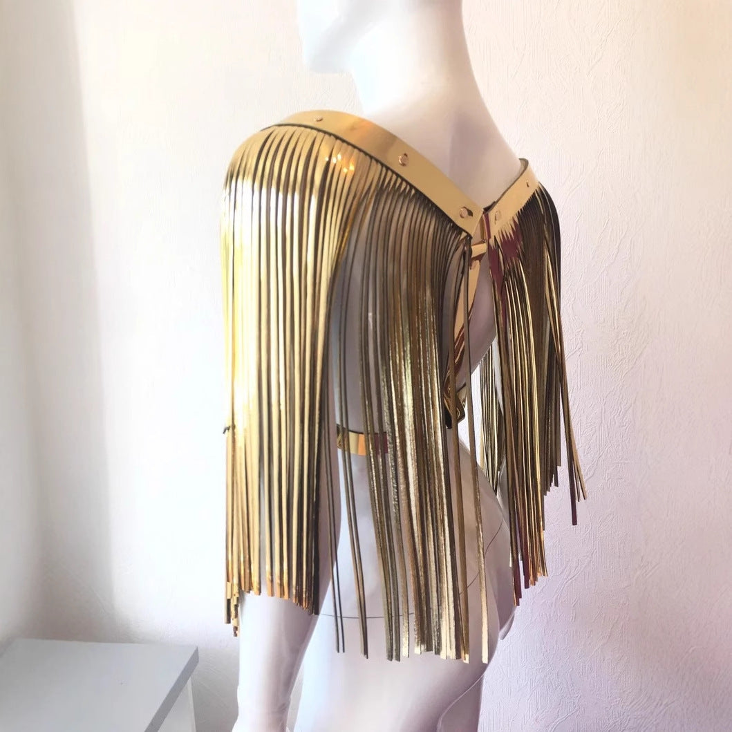 Holographic fringe shoulder harness festival rave tassel belt