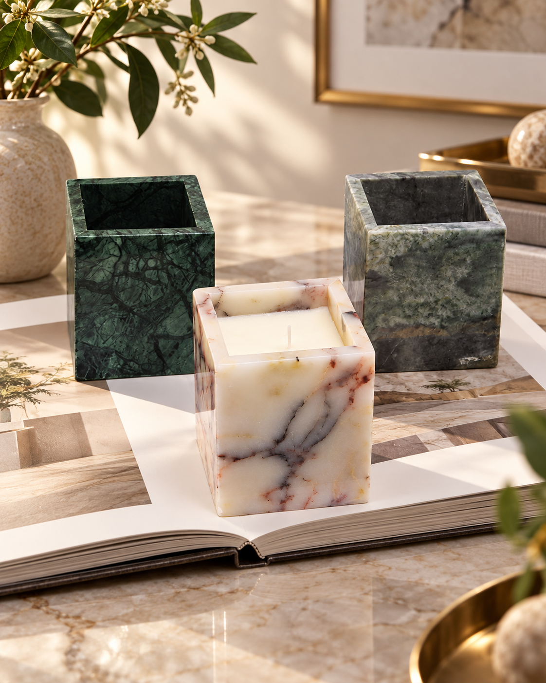 Square Marble Candle Holder with Geometric Cube Design and Stone Veining