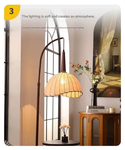 retro wood floor lamp with side shelf lighting