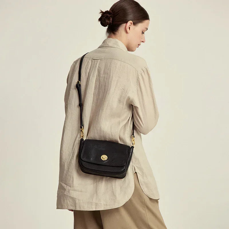 Small Genuine Leather Shoulder Bag with Flap Closure