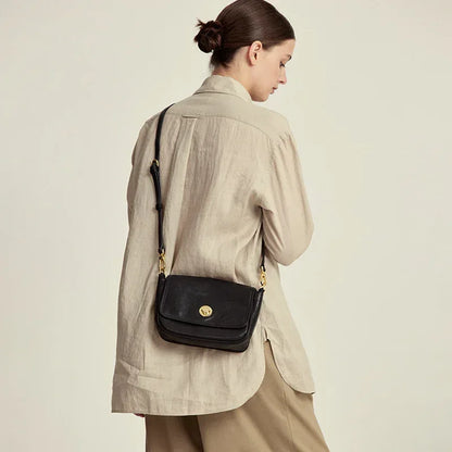 Small Genuine Leather Shoulder Bag with Flap Closure