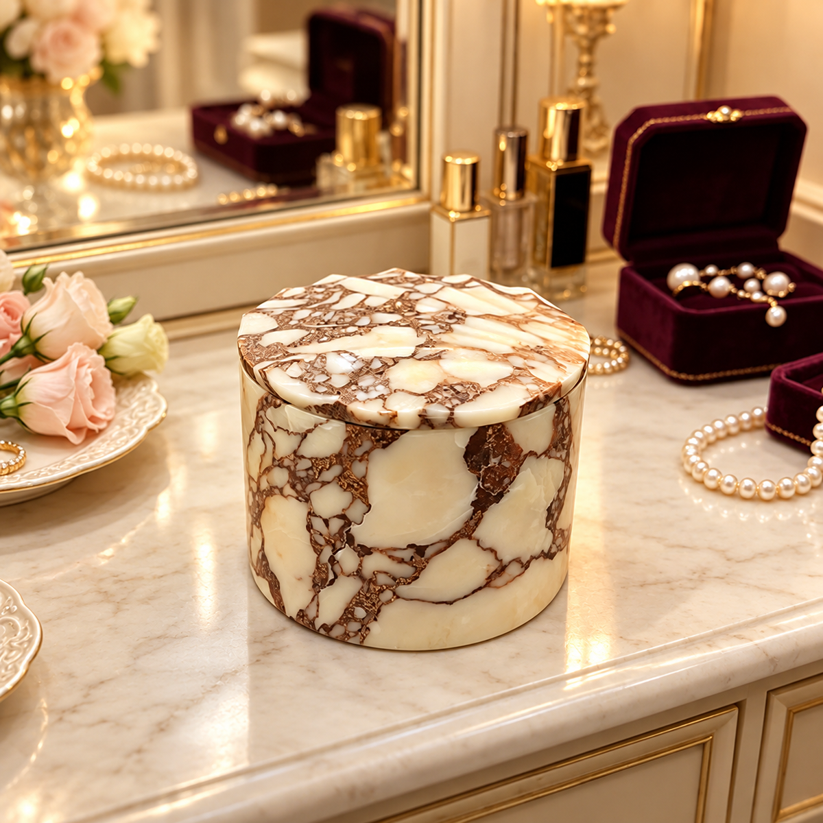 Cream Marble Candle Jar with Removable Lid and Brown Veining