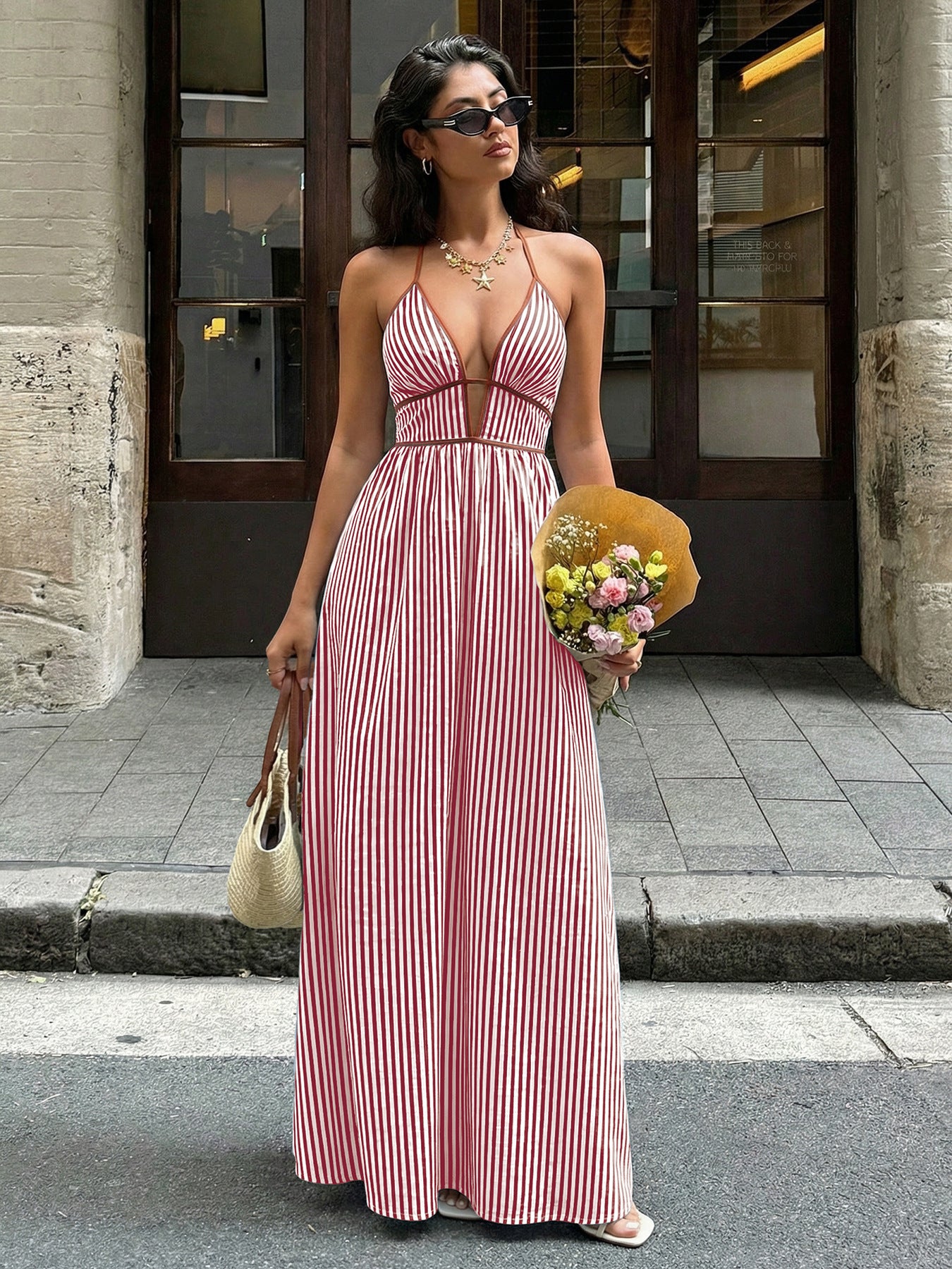 Women Long Summer Dress Striped Halter Backless Maxi