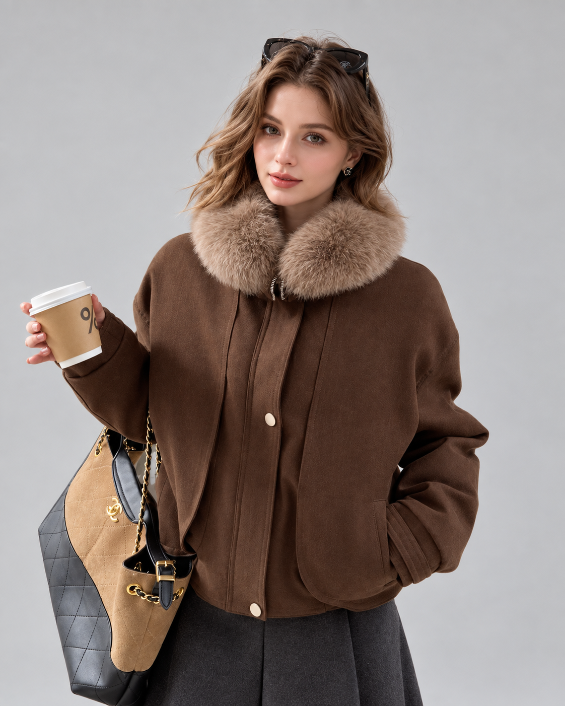 Women’s Brown Leather Jacket With Fur Collar for Winter
