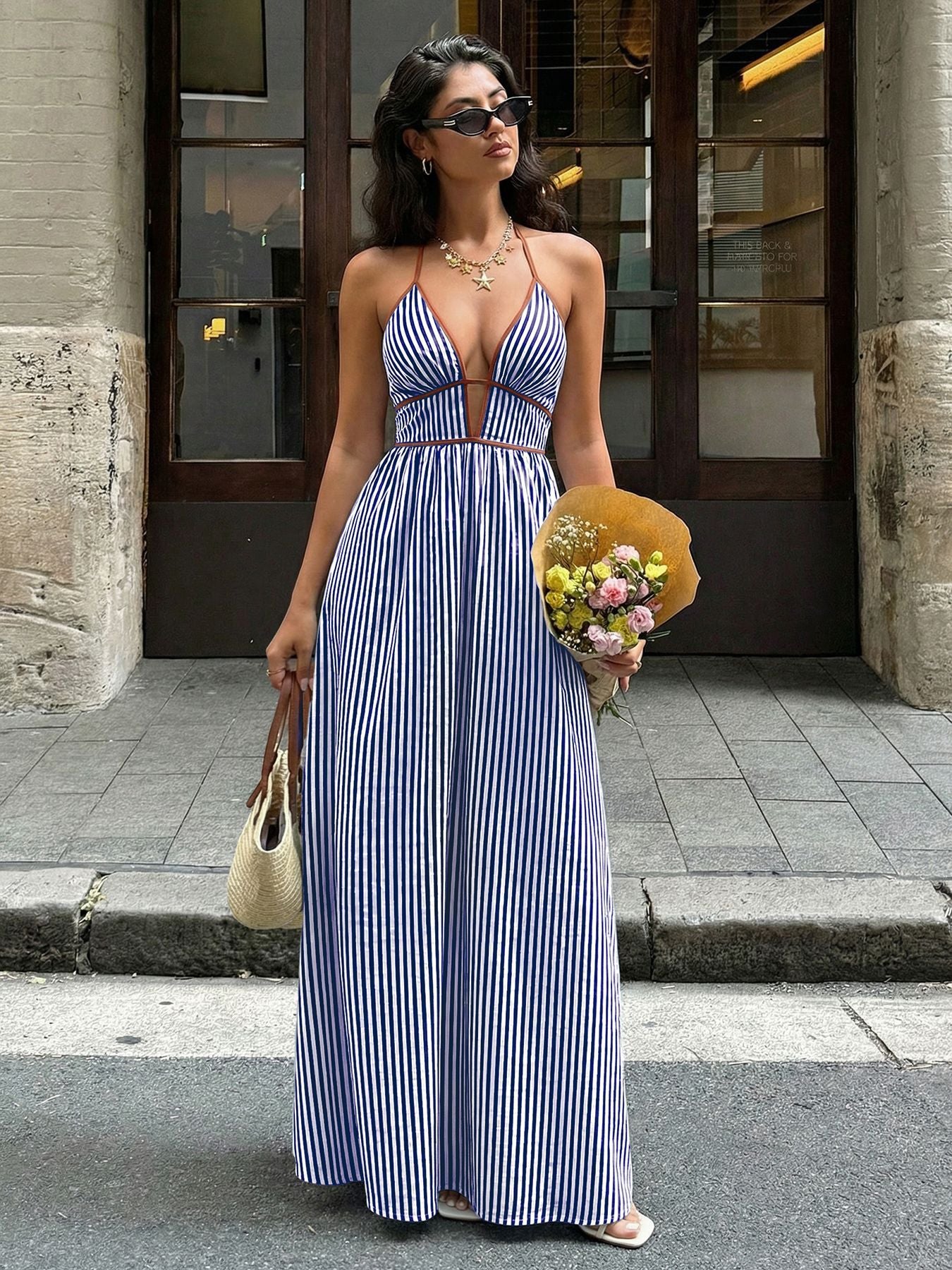Women Long Summer Dress Striped Halter Backless Maxi