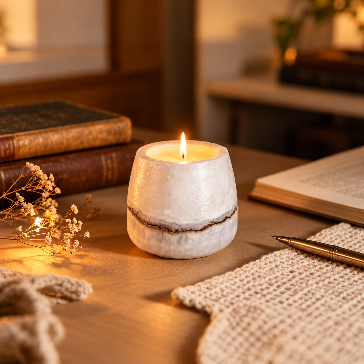 Small White Marble Candle Cup with Brown Veining for Home Decor