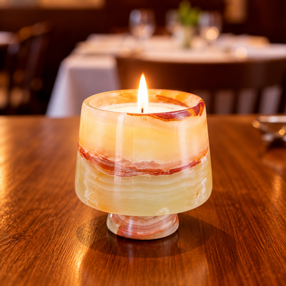 Marble Candle Cup Holder with Pedestal Base and Layered Stone