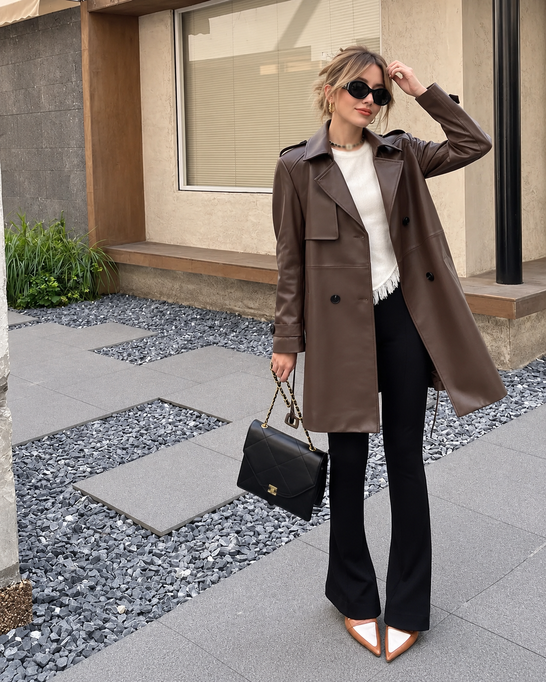 Women's Brown Sheepskin Leather Trench Coat with Belt
