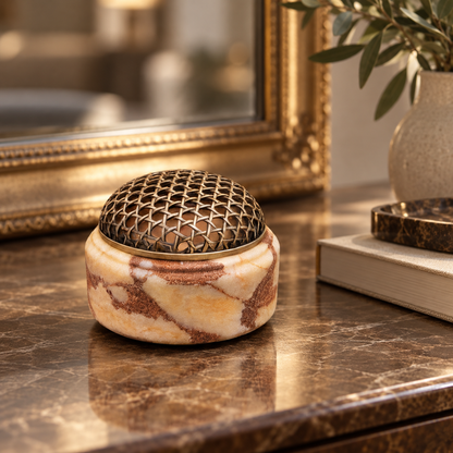 Incense Burner in Natural Marble with Decorative Metal Dome Lid