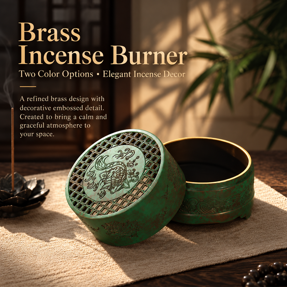 Incense Burner in Brass with Decorative Koi Lid for Home
