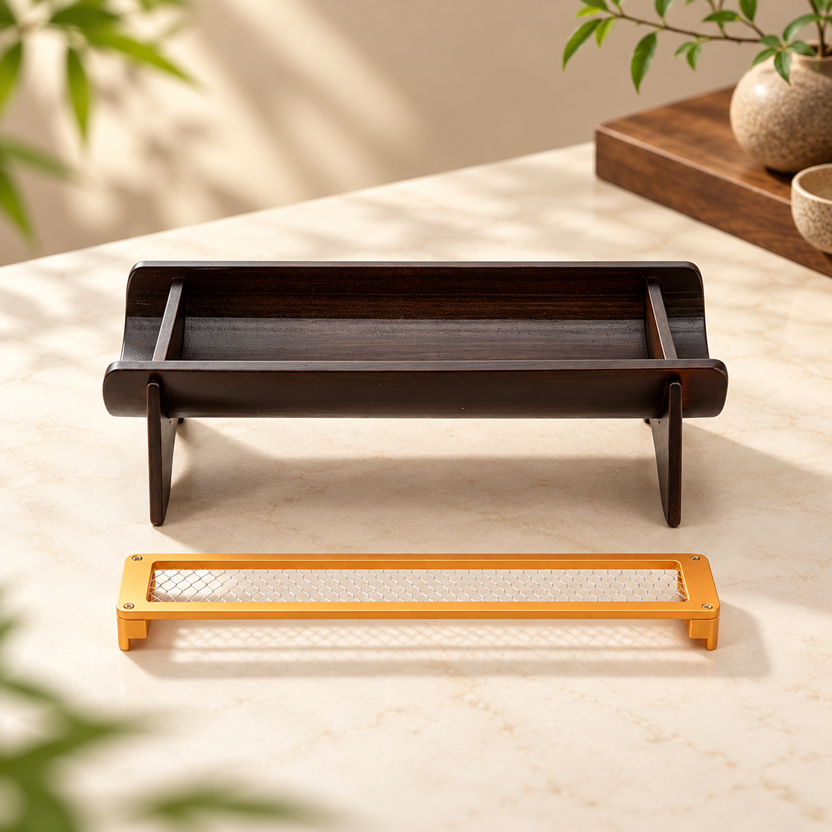 Bamboo Incense Stick Holder with Removable Metal Mesh Ash Tray