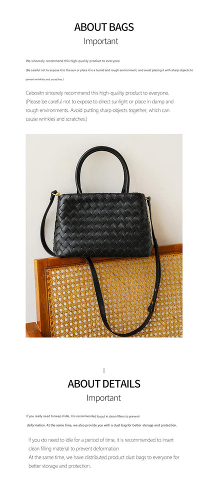 Hand Woven Real Leather Black Tote Crossbody Purse