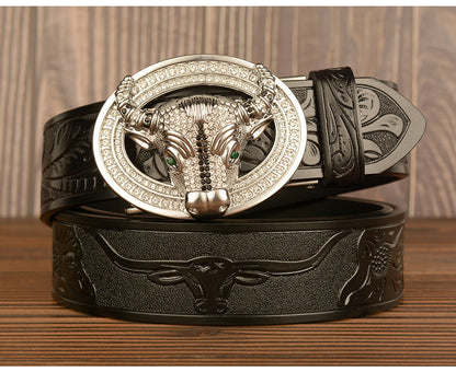 Men’s Leather Cowboy Belt with Bull Head Buckle