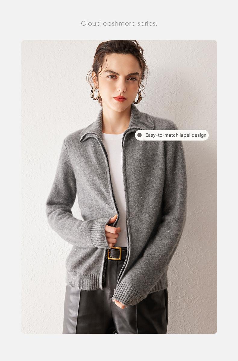 Women’s 100% Pure Cashmere Lapel Zip Cardigan