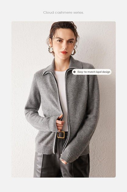 Women’s 100% Pure Cashmere Lapel Zip Cardigan